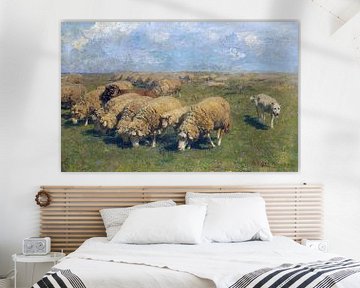 Troupeau de moutons avec un chien de berger dans la prairie, HEINRICH VON ZÜGEL, vers 1911 sur Atelier Liesjes