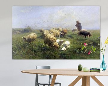 Zonnig weiland, schapen en herder, HEINRICH VON ZÜGEL, 1890