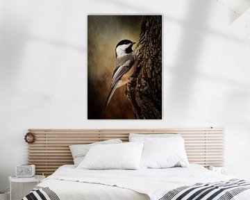 Vogel Schilderij Met Een Mees In Bruin Landschap