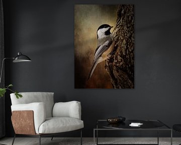 Vogel Schilderij Met Een Mees In Bruin Landschap van Diana van Tankeren