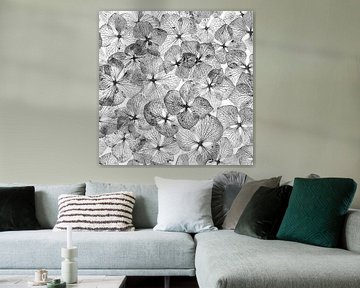 hortensia blaadjes collage in zwart wit