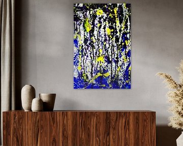 Modernes, abstraktes digitales Kunstwerk in Gelb Blau Schwarz von Art By Dominic
