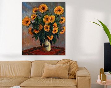 Gele zonnebloemen in impressionistische bloemenvaas