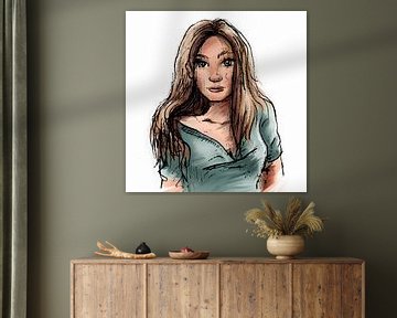 Portret van jonge vrouw - ingekleurde houtskool tekening van Emiel de Lange