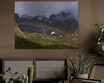 Kleurrijke regenboog voor ruige bergen in Lofoten, Noorwegen van Timon Schneider