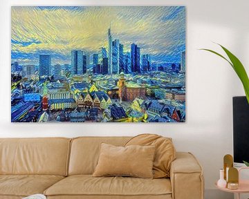 Schilderij Frankfurt: skyline Frankfurt in de stijl van Van Gogh van Slimme Kunst.nl