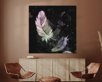 Artwork - black background with coloured down feathers by Emiel de Lange