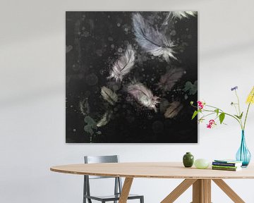 Artwork - zwarte achtergrond met mooie gekleurde dons veertjes van Emiel de Lange