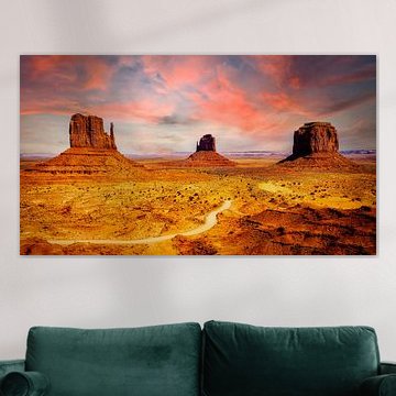 Landscape with sandstone mesas in Monument Valley in Arizona USA at sunset