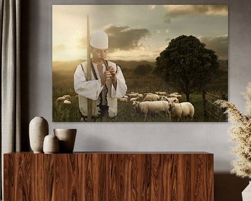 Shepherd in folk costume plays flute in front of flock of sheep by Besa Art