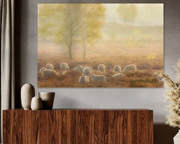 Sheep herd in a misty heath landscape by jowan iven