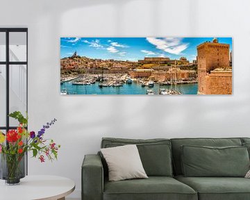 Panorama opname oude haven in Marseille Frankrijk van Dieter Walther