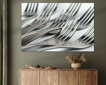 Abstract artistic photograph of cutlery, being eight lying forks against a white background by Tonko Oosterink