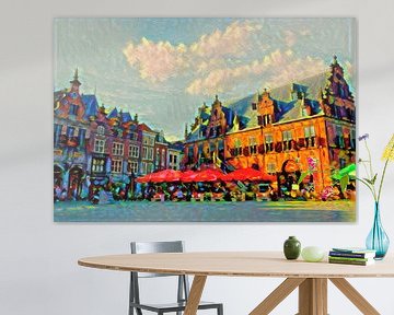 Peinture colorée Le grand marché de Nimègue le jour de l'été sur Slimme Kunst.nl