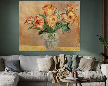 Gele rozen met een rood randje. van Antonie van Gelder Beeldend kunstenaar