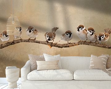 Birds On Branch Artwork With Eight Sparrows by Diana van Tankeren