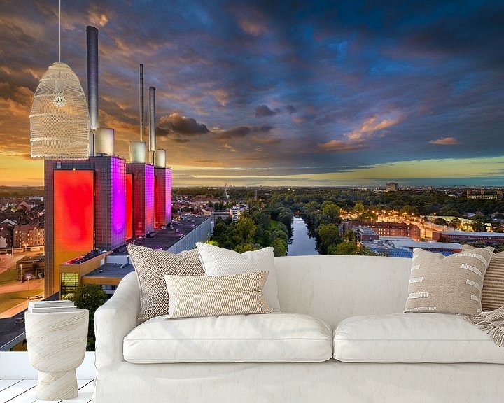 Sfeerimpressie behang: Zonsondergang skyline van Hannover van Michael Abid