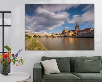 Regensburg, stenen brug, oude stadsgevel, Donau en kathedraal van Robert Ruidl