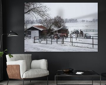 Tractor in the polder, snow landscape by Leontien Adriaanse