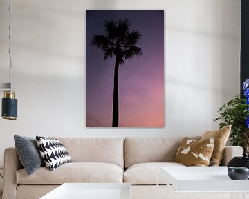 Palm tree, purple sky through sunset and small moon. by Yvette Baur