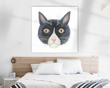 Zwart witte kat aquarel witte achtergrond van Yvette Stevens