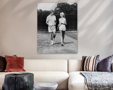 Couple on the tennis court (b/w photo)