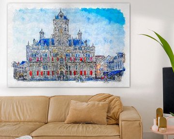 Stadhuis van Delft (aquarel) van Art by Jeronimo