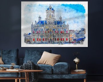 Stadhuis van Delft (aquarel) van Art by Jeronimo