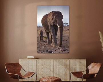 Mamma olifant met kleintje van Peter Michel