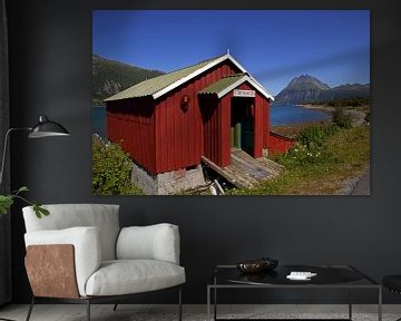 Rode schuur aan een van de fjorden in Noorwegen van Coos Photography