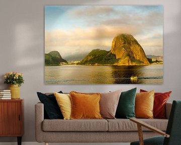 Bay of Rio de Janeiro with view of Sugar Loaf Mountain and fishing boat at dawn by Dieter Walther
