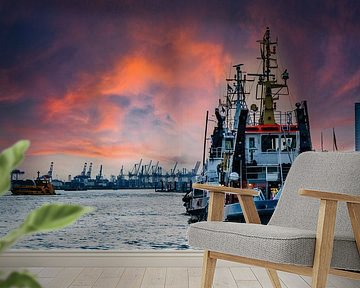 Tugboat in the port of Hamburg at dusk by Dieter Walther