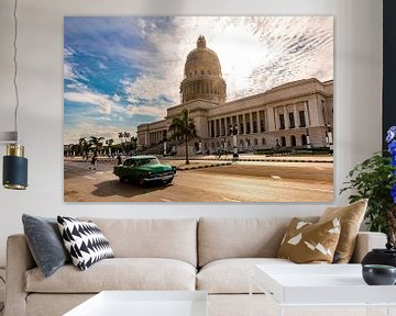 green oldtimer in front of capitol in Havana Cuba by Dieter Walther
