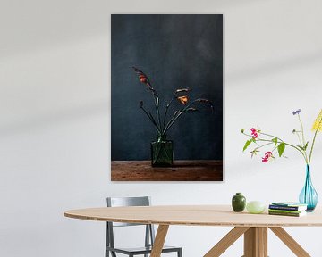 Foto orange Blume gegen dunkelblauen Hintergrund von Jenneke Boeijink