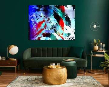 Modern, Abstract Digitaal Kunstwerk in Rood Blauw Zwart Wit