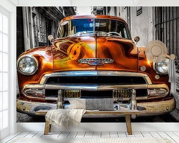 Golden vintage car in old town of Havana Cuba by Dieter Walther