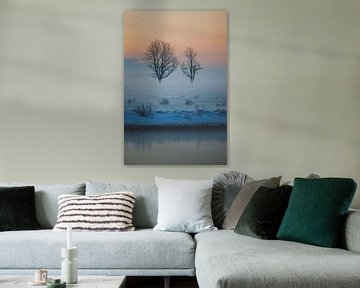 Neblige holländische Schneelandschaft mit einsamen Bäumen von Susanne Ottenheym