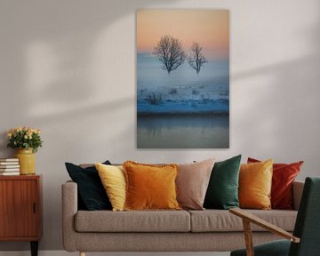 Mistig Nederlands Sneeuwlandschap met Eenzame Bomen van Susanne Ottenheym