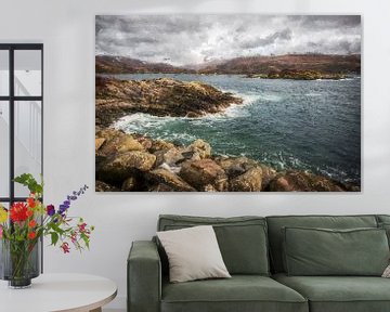 Zee water botsend tegen- stenen in Schotland van Digitale Schilderijen