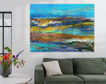 farbenfrohe abstrakte Landschaft mit Türkis und Blau von Claudia Gründler