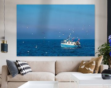 Fishing boat with seagulls on the Baltic Sea in front of Warnemünde by Rico Ködder