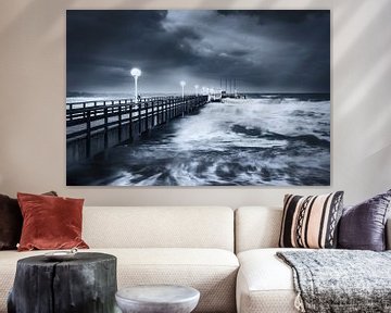 Winter storm at the pier of Scharbeutz at the Baltic Sea