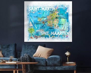 Saint-Martin Sint Maarten Antillen Illustrierte Karibik Reisekarte mit Highlights der Westindischen 