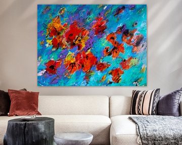 Modern, Abstract Digitaal Kunstwerk in Blauw Oranje Rood van Art By Dominic