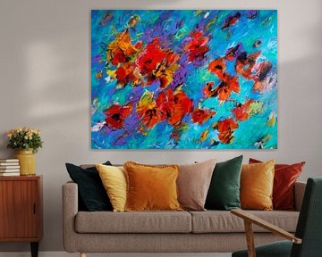 Modern, Abstract Digitaal Kunstwerk in Blauw Oranje Rood van Art By Dominic
