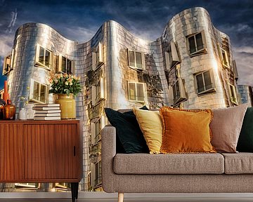 Gehry buildings in the media harbour in Düsseldorf with metal facade by Dieter Walther