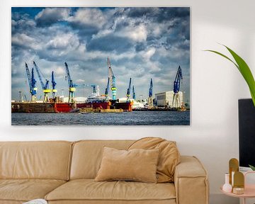 Port of Hamburg with cranes and dry docks by Dieter Walther