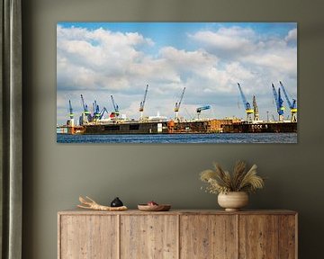 Panorama haven van Hamburg met droogdokken en kranen van Dieter Walther