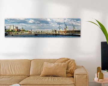 Panorama port of Hamburg with landing stages, dry docks and cranes by Dieter Walther
