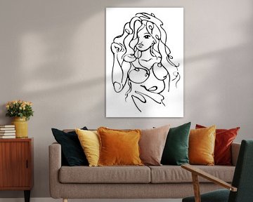 Lineart tekening van vrouw met lange golvende haren